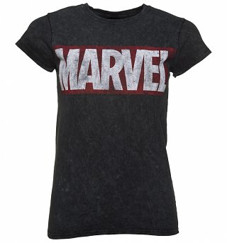 Women's Charcoal Snow Wash Distressed Marvel Logo T-Shirt Women's Charcoal Snow Wash Distressed Marvel Logo T-Shirt
