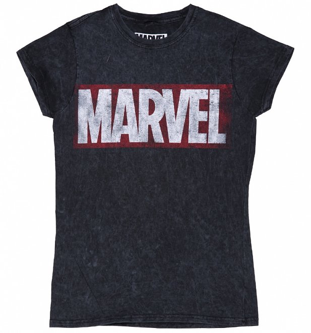 Women's Charcoal Snow Wash Distressed Marvel Logo T-Shirt