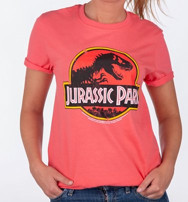 Women's Coral Jurassic Park Logo Boyfriend T-Shirt