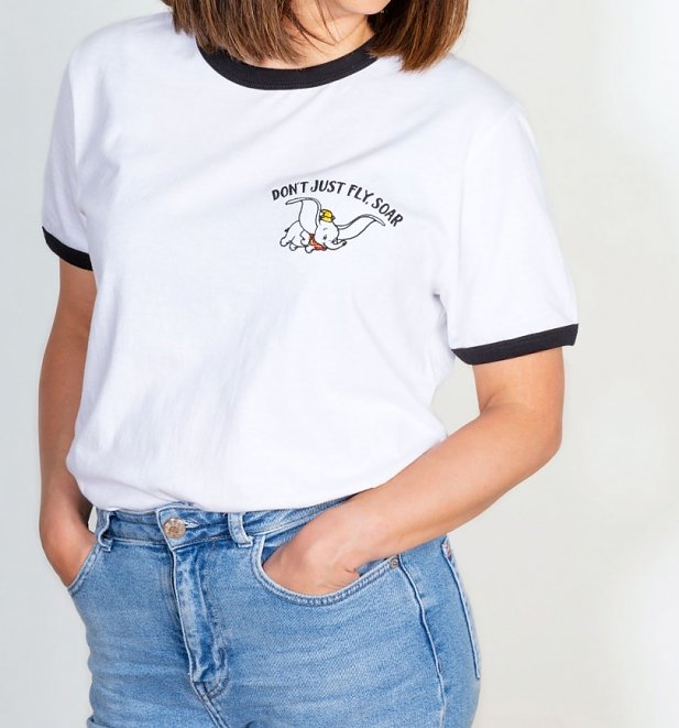 Women's Embroidered Disney Dumbo Don't Just Fly, Soar White And Black Ringer T-Shirt Women's Embroidered Disney Dumbo Don't Just Fly, Soar White And Black Ringer T-Shirt