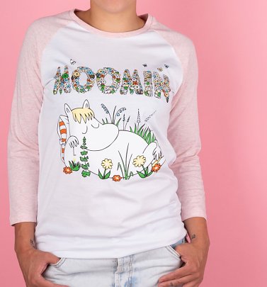 Women's Floral Moomins White and Cream Heather Pink Raglan Baseball Shirt Women's Floral Moomins White and Cream Heather Pink Raglan Baseball Shirt