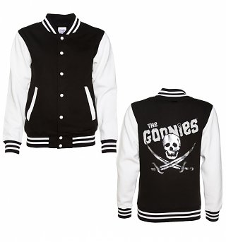 Women's Foil Print Goonies Skull and Crossbones Varsity Jacket Women's Foil Print Goonies Skull and Crossbones Varsity Jacket