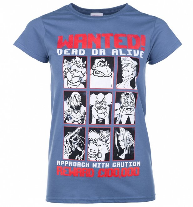 Women's Gaming Villains Wanted Poster Indigo Blue T-Shirt Women's Gaming Villains Wanted Poster Indigo Blue T-Shirt