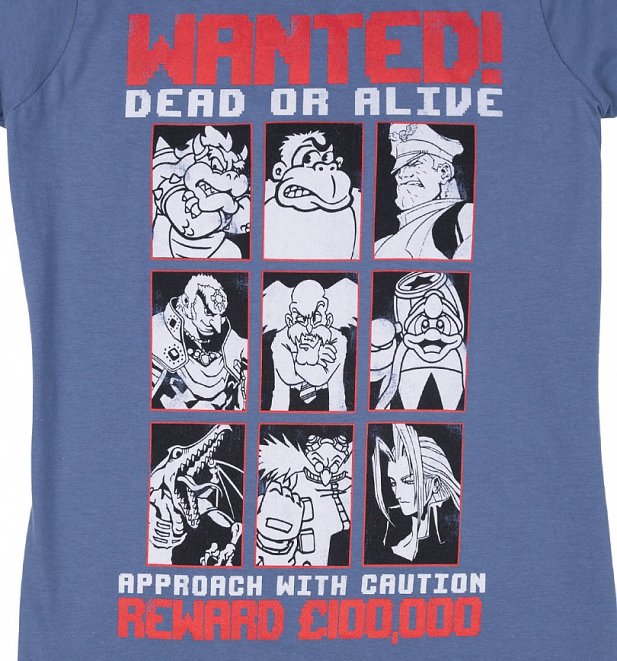 Women's Gaming Villains Wanted Poster Indigo Blue T-Shirt Women's Gaming Villains Wanted Poster Indigo Blue T-Shirt