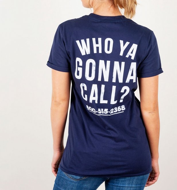 Ghostbusters Who Ya Gonna Call Back Print Navy Boyfriend Fit Rolled Sleeve T-Shirt