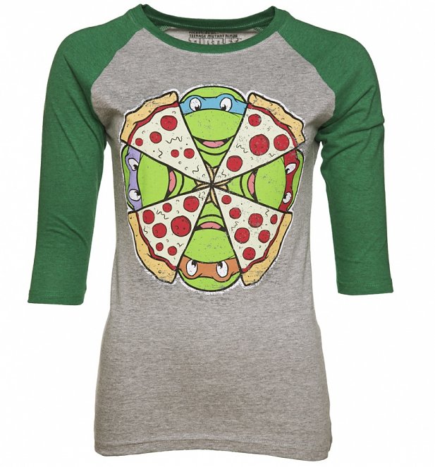 Women's Grey Marl And Green Teenage Mutant Ninja Turtles Pizza Baseball T-Shirt Women's Grey Marl And Green Teenage Mutant Ninja Turtles Pizza Baseball T-Shirt