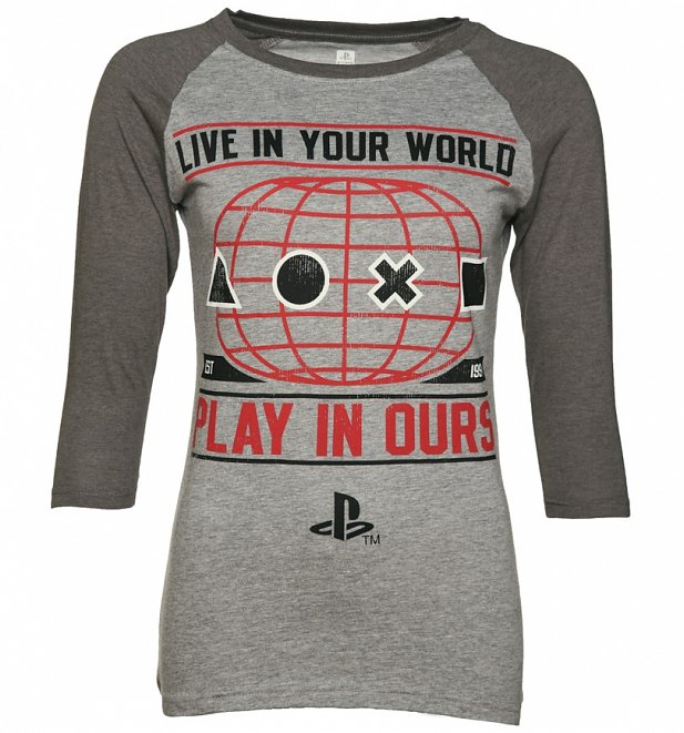 Women's Grey Marl PlayStation Baseball T-Shirt Women's Grey Marl PlayStation Baseball T-Shirt