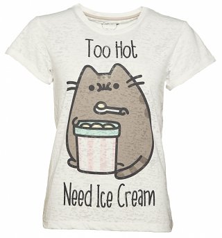 Women's Grey Marl Pusheen Too Hot Need Ice Cream Rolled Sleeve T-Shirt Women's Grey Marl Pusheen Too Hot Need Ice Cream Rolled Sleeve T-Shirt