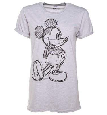 Women's Grey Marl Vintage Disney Mickey Mouse Sketch Rolled Sleeve T-Shirt Women's Grey Marl Vintage Disney Mickey Mouse Sketch Rolled Sleeve T-Shirt