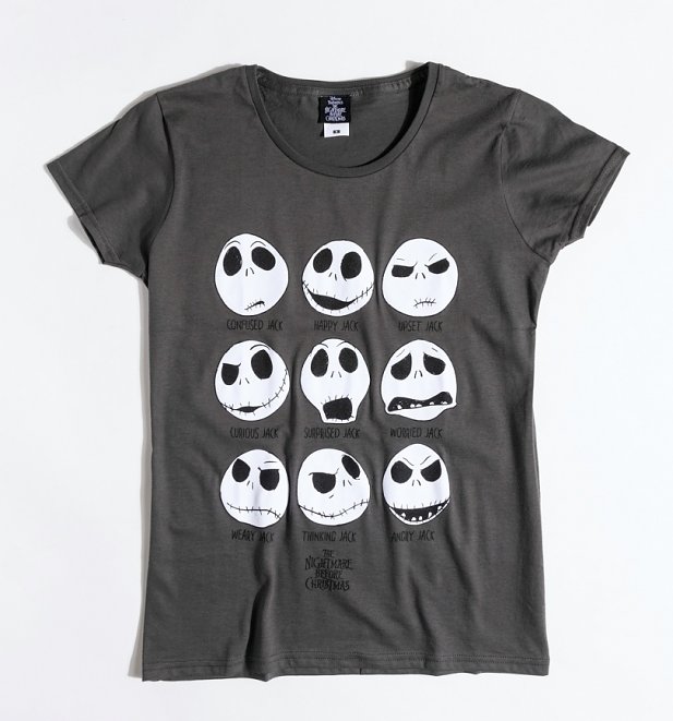 Women's Grey Nightmare Before Christmas Jack Skellington Faces Fitted T-Shirt