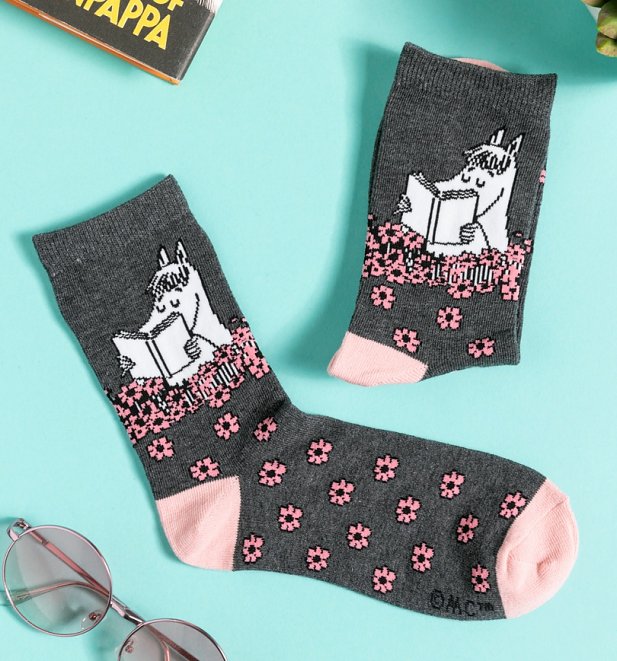 Women's Grey and Pink Snorkmaiden Reading Moomin Socks