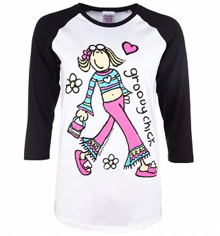 Women's Groovy Chick White And Black Raglan Baseball T-Shirt Women's Groovy Chick White And Black Raglan Baseball T-Shirt