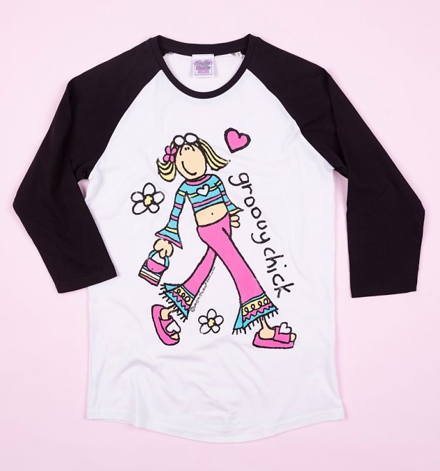 Women's Groovy Chick White And Black Raglan Baseball T-Shirt Women's Groovy Chick White And Black Raglan Baseball T-Shirt