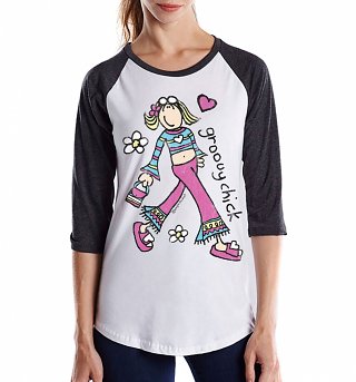 Women's Groovy Chick White And Black Raglan Baseball T-Shirt Women's Groovy Chick White And Black Raglan Baseball T-Shirt