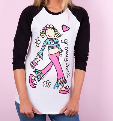 Women's Groovy Chick White And Black Raglan Baseball T-Shirt Women's Groovy Chick White And Black Raglan Baseball T-Shirt