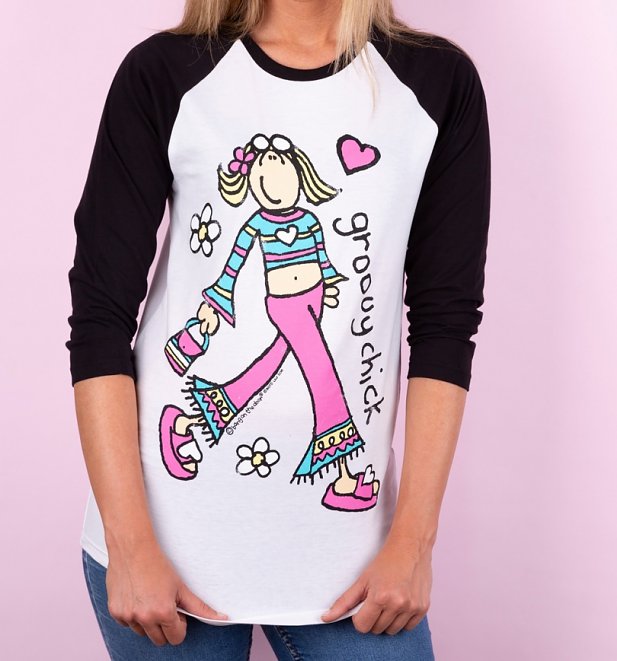 Groovy Chick White And Black Raglan Baseball T-Shirt