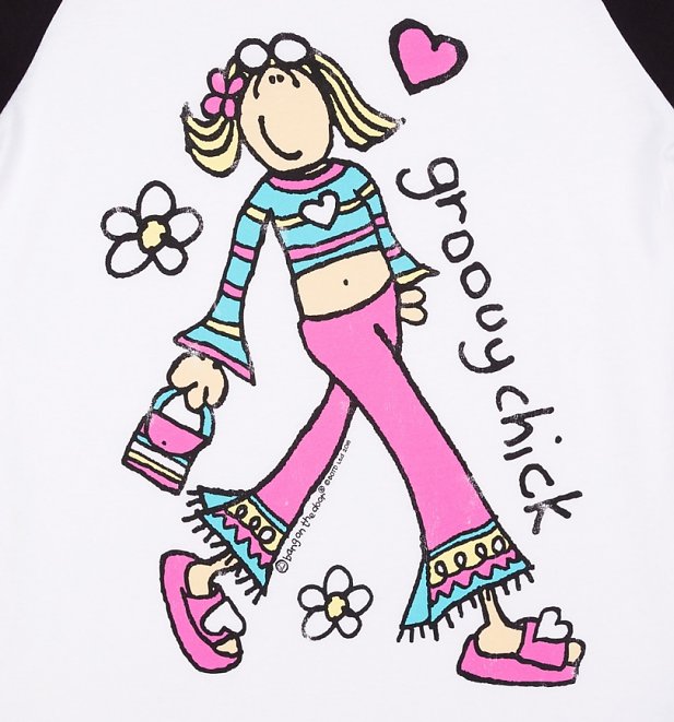 Women's Groovy Chick White And Black Raglan Baseball T-Shirt Women's Groovy Chick White And Black Raglan Baseball T-Shirt