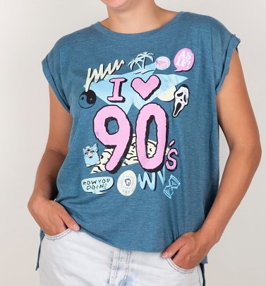 Women's I Heart 90s Heather Teal Flowy T-Shirt With Rolled Cuffs Women's I Heart 90s Heather Teal Flowy T-Shirt With Rolled Cuffs