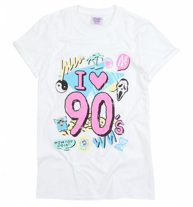 Women's I Heart 90s White Boyfriend Fit Rolled Sleeve T-Shirt