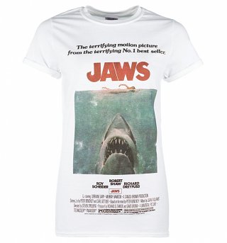 Women's White Jaws Movie Poster Boyfriend T-Shirt Women's White Jaws Movie Poster Boyfriend T-Shirt