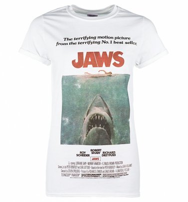Women's White Jaws Movie Poster Boyfriend T-Shirt Women's White Jaws Movie Poster Boyfriend T-Shirt