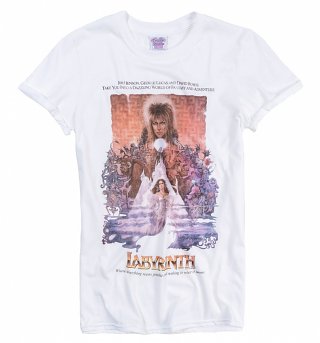 Women's Labyrinth Illustrated Movie Poster White Boyfriend Fit Rolled Sleeve T-Shirt Women's Labyrinth Illustrated Movie Poster White Boyfriend Fit Rolled Sleeve T-Shirt