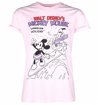 Women's Light Pink Disney Mickey Mouse Hawaii Rolled Sleeve Boyfriend T-Shirt Women's Light Pink Disney Mickey Mouse Hawaii Rolled Sleeve Boyfriend T-Shirt