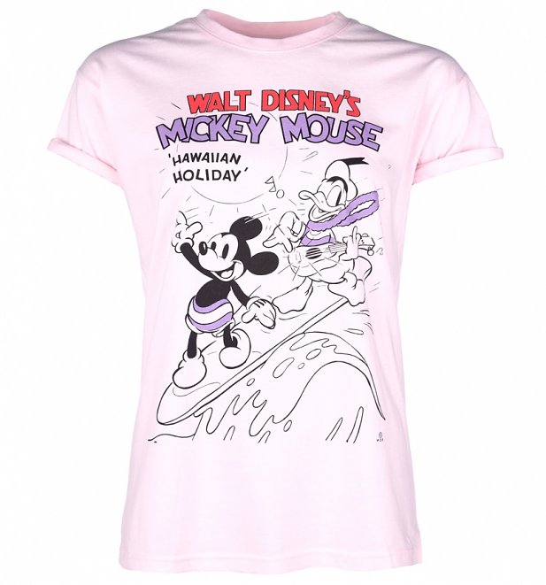Women's Light Pink Disney Mickey Mouse Hawaii Rolled Sleeve Boyfriend T-Shirt Women's Light Pink Disney Mickey Mouse Hawaii Rolled Sleeve Boyfriend T-Shirt