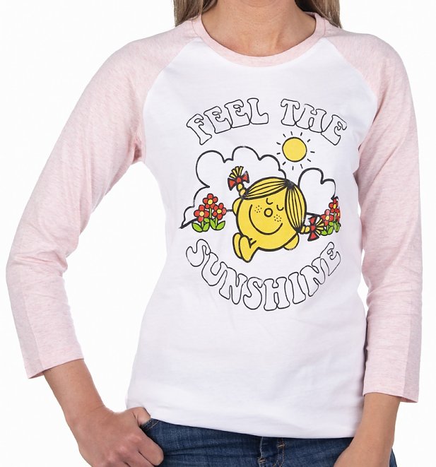 Women's Little Miss Sunshine Feel The Sunshine White And Pink Raglan Baseball T-Shirt Women's Little Miss Sunshine Feel The Sunshine White And Pink Raglan Baseball T-Shirt