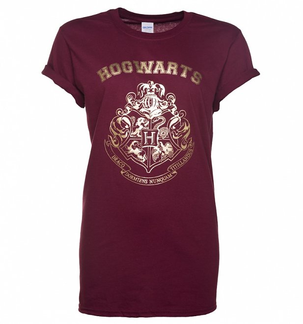 Women's Maroon Harry Potter Gold Hogwarts Crest Rolled Sleeve Boyfriend T-Shirt Women's Maroon Harry Potter Gold Hogwarts Crest Rolled Sleeve Boyfriend T-Shirt