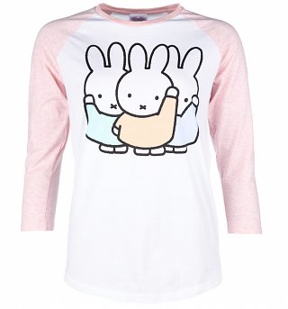 Women's Pastel Miffy Gang White And Pink Raglan Baseball T-Shirt Women's Pastel Miffy Gang White And Pink Raglan Baseball T-Shirt