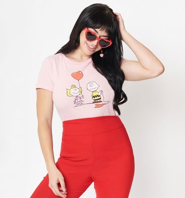 Women's Pink Peanuts Heart Balloon Fitted T-Shirt from Unique Vintage