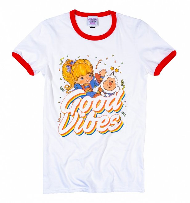 Women's Rainbow Brite Good Vibes White and Red Ringer T-Shirt Women's Rainbow Brite Good Vibes White and Red Ringer T-Shirt
