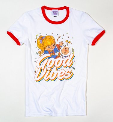 Women's Rainbow Brite Good Vibes White and Red Ringer T-Shirt Women's Rainbow Brite Good Vibes White and Red Ringer T-Shirt