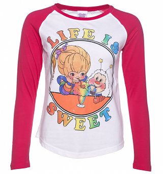 Women's Rainbow Brite Life Is Sweet White And Hot Pink Raglan Baseball Tee Women's Rainbow Brite Life Is Sweet White And Hot Pink Raglan Baseball Tee