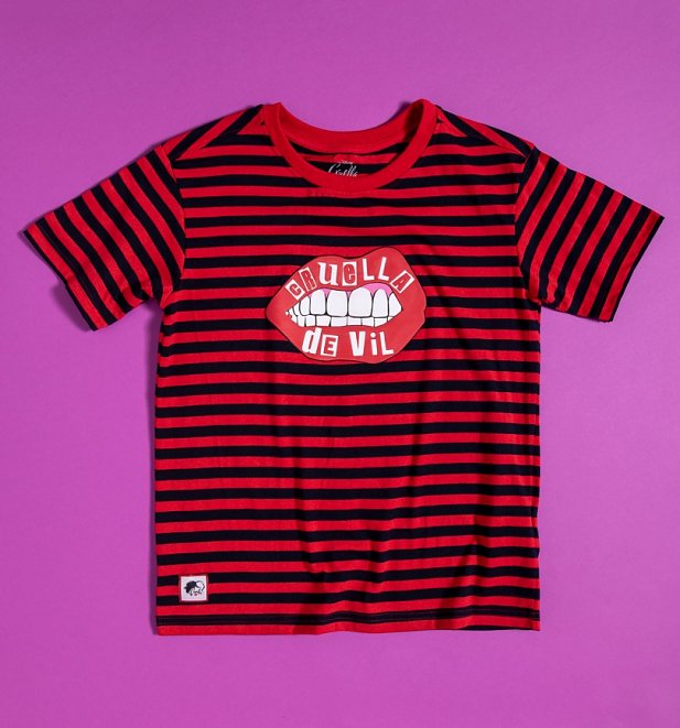 Women's Red and Black Stripe Cruella Lips T-Shirt from Difuzed Women's Red and Black Stripe Cruella Lips T-Shirt from Difuzed