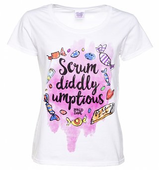 Women's Roald Dahl Scrumdiddlyumptious White Scoop Neck T-Shirt Women's Roald Dahl Scrumdiddlyumptious White Scoop Neck T-Shirt