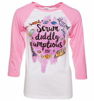 Women's Roald Dahl Scrumdiddlyumptious White and Pink Raglan Baseball Tee Women's Roald Dahl Scrumdiddlyumptious White and Pink Raglan Baseball Tee