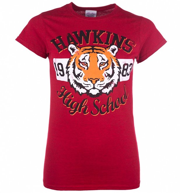Women's Stranger Things Inspired Hawkins High School Antique Cherry Red T-Shirt Women's Stranger Things Inspired Hawkins High School Antique Cherry Red T-Shirt