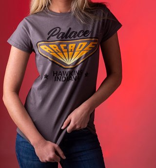 Women's Stranger Things Inspired Hawkins Indiana Arcade Charcoal T-Shirt Women's Stranger Things Inspired Hawkins Indiana Arcade Charcoal T-Shirt
