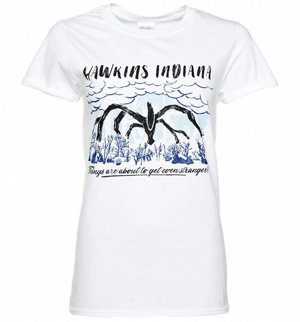 Women's Stranger Things Inspired Shadow Monster White Boyfriend Fit T-Shirt With Rolled Sleeves Women's Stranger Things Inspired Shadow Monster White Boyfriend Fit T-Shirt With Rolled Sleeves
