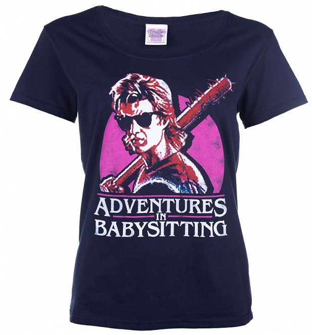 Women's Stranger Things Inspired Steve Adventures In Babysitting Navy Scoop Neck T-Shirt Women's Stranger Things Inspired Steve Adventures In Babysitting Navy Scoop Neck T-Shirt