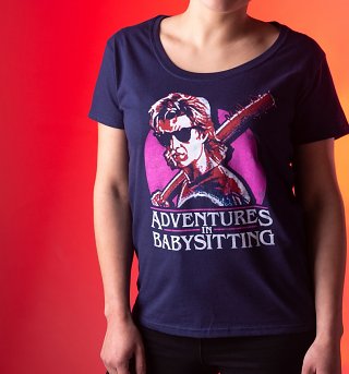 Women's Stranger Things Inspired Steve Adventures In Babysitting Navy Scoop Neck T-Shirt Women's Stranger Things Inspired Steve Adventures In Babysitting Navy Scoop Neck T-Shirt