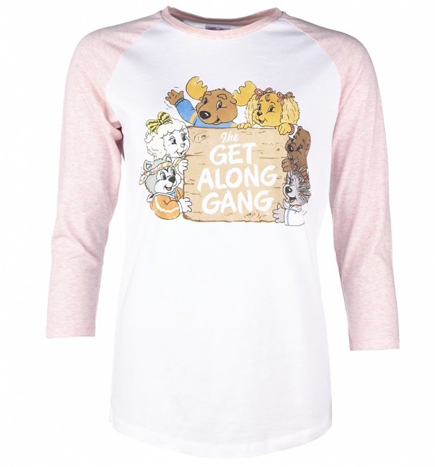 Women's The Get Along Gang Retro Logo White And Heather Pink Raglan Baseball T-Shirt Women's The Get Along Gang Retro Logo White And Heather Pink Raglan Baseball T-Shirt