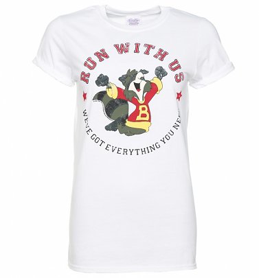 Women's The Raccoons Run With Us Badge White Boyfriend Fit T-Shirt With Rolled Sleeves Women's The Raccoons Run With Us Badge White Boyfriend Fit T-Shirt With Rolled Sleeves