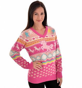 Women's Unicorn Knitted V-Neck Jumper from Cheesy Christmas Jumpers Women's Unicorn Knitted V-Neck Jumper from Cheesy Christmas Jumpers