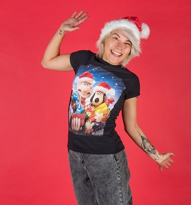 Women's Wallace And Gromit Christmas Presents Black Fitted T-Shirt Women's Wallace And Gromit Christmas Presents Black Fitted T-Shirt