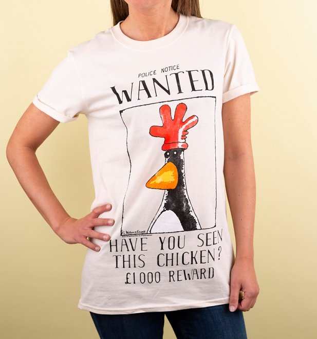 Wallace And Gromit Feathers McGraw Wanted Poster Ecru Boyfriend Fit T-Shirt With Rolled Sleeves
