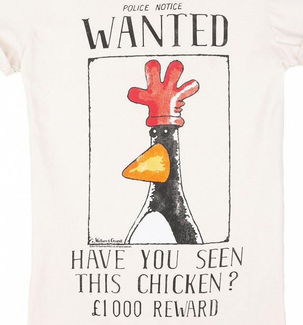 Women's Wallace And Gromit Feathers McGraw Wanted Poster Ecru Boyfriend Fit T-Shirt With Rolled Sleeves Women's Wallace And Gromit Feathers McGraw Wanted Poster Ecru Boyfriend Fit T-Shirt With Rolled Sleeves