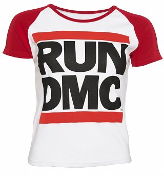 Women's White And Red Run DMC Logo Baseball T-Shirt Women's White And Red Run DMC Logo Baseball T-Shirt